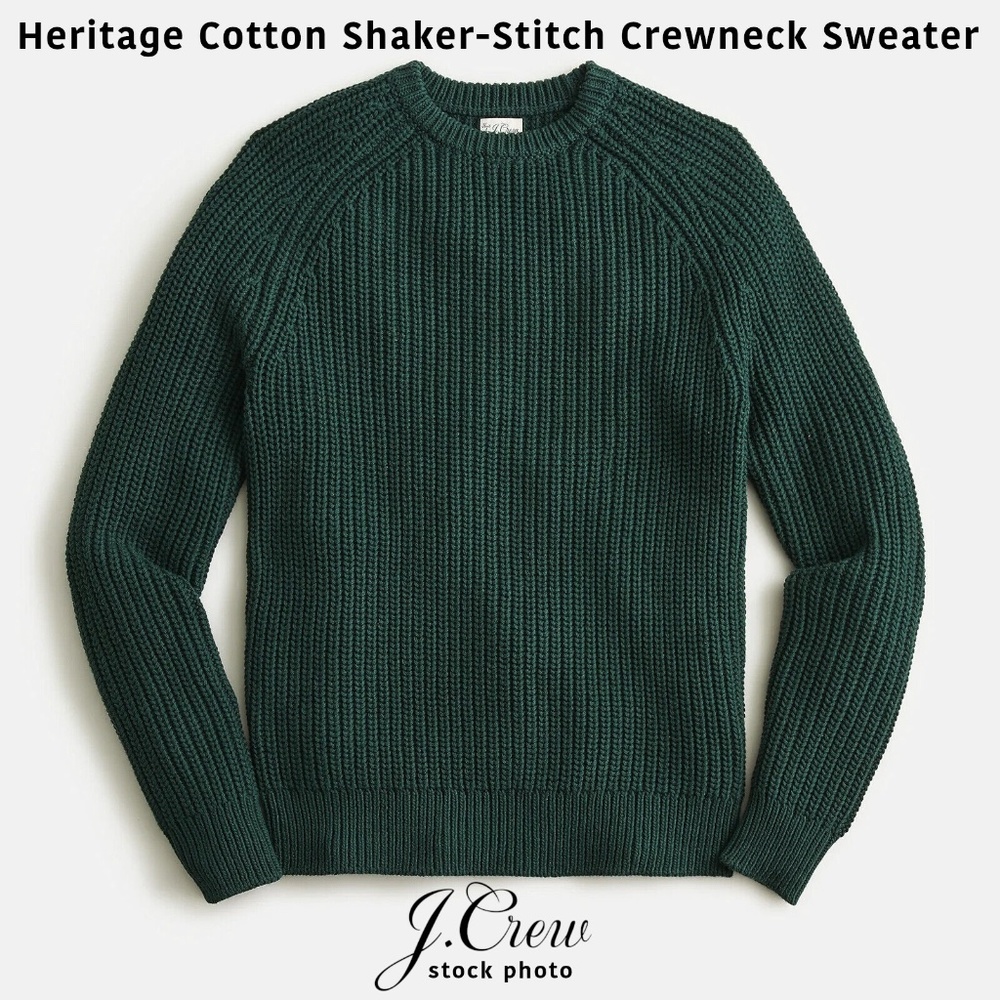 J. Crew Heritage Cotton Shaker-Stitch Crewneck Sweater Dark Forest Green NWT